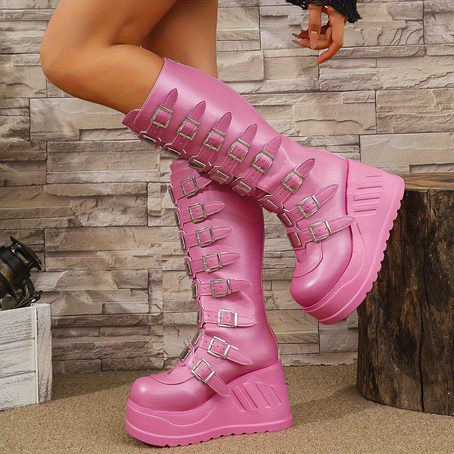 Cyber Pink Multi-Buckle Platform Boots