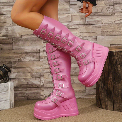 Cyber Pink Multi-Buckle Platform Boots