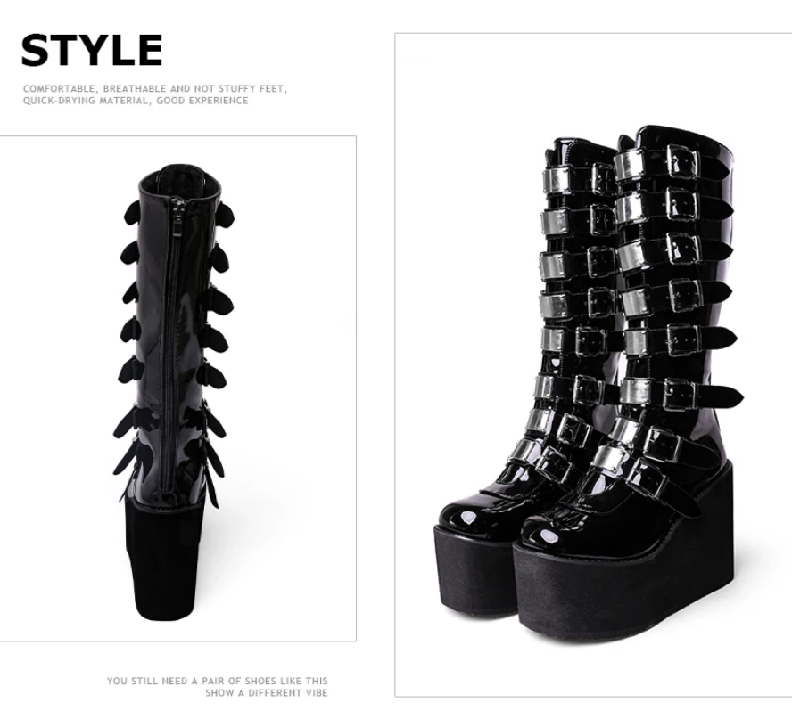 Gothic Punk Buckle Platform Wedge Boots