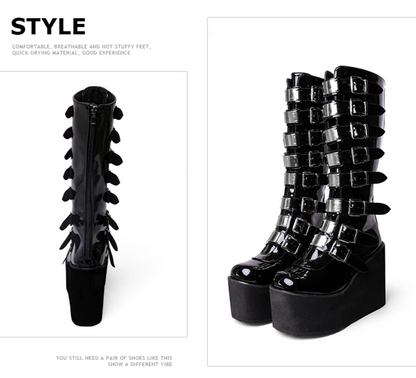 Gothic Punk Buckle Platform Wedge Boots