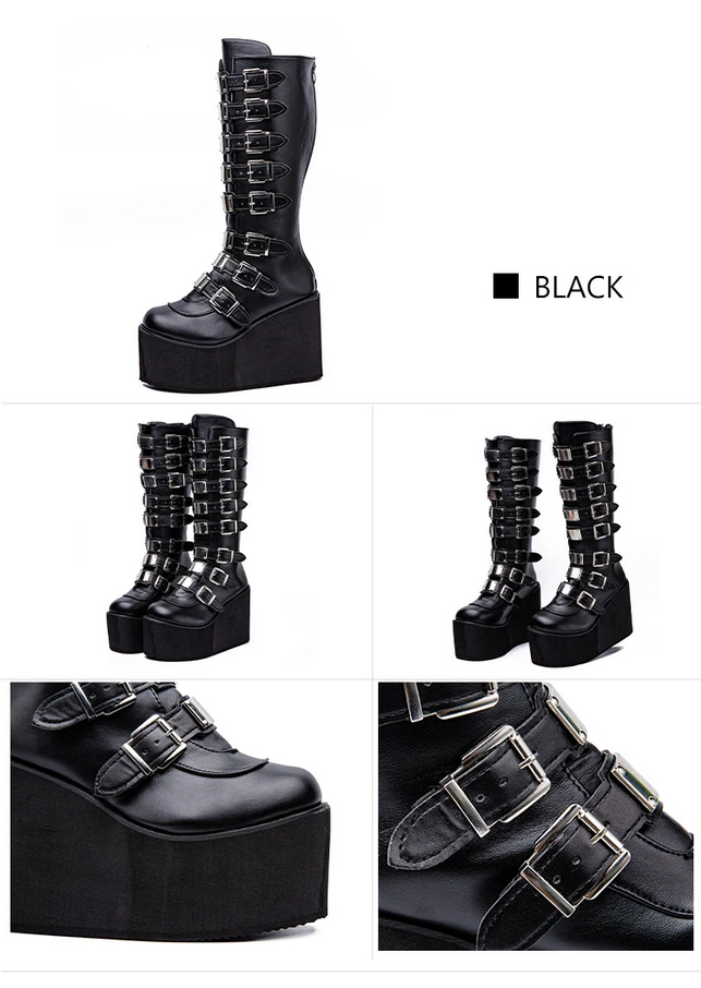 Gothic Punk Buckle Platform Wedge Boots
