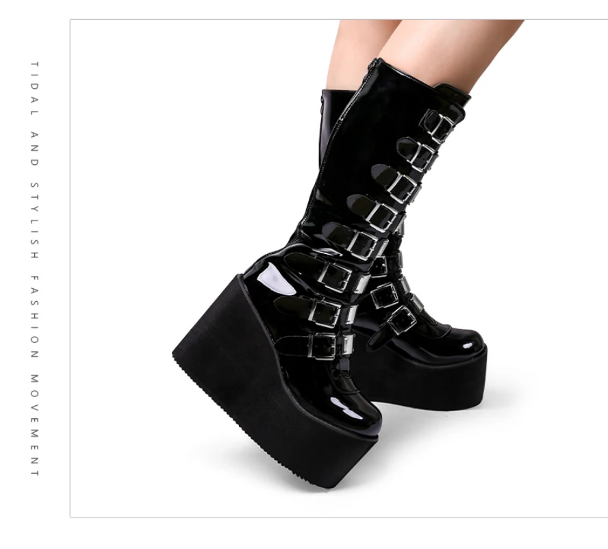Gothic Punk Buckle Platform Wedge Boots
