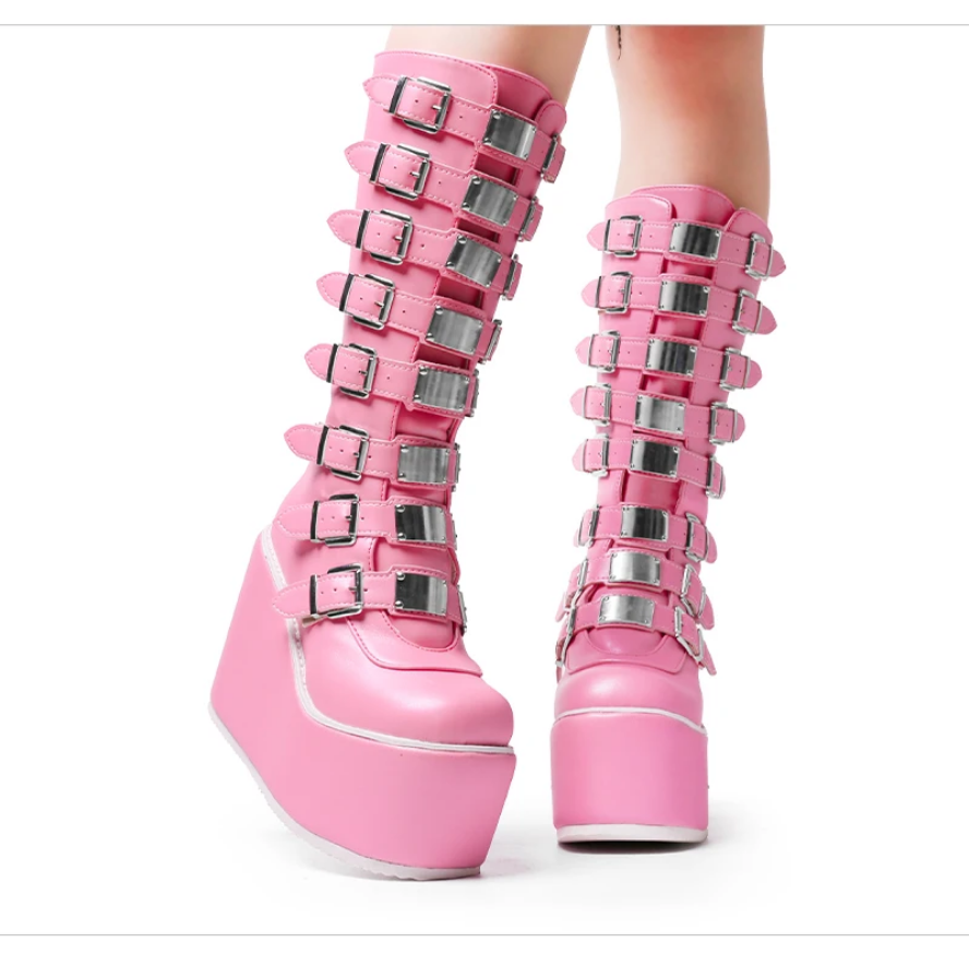 Gothic Punk Buckle Platform Wedge Boots