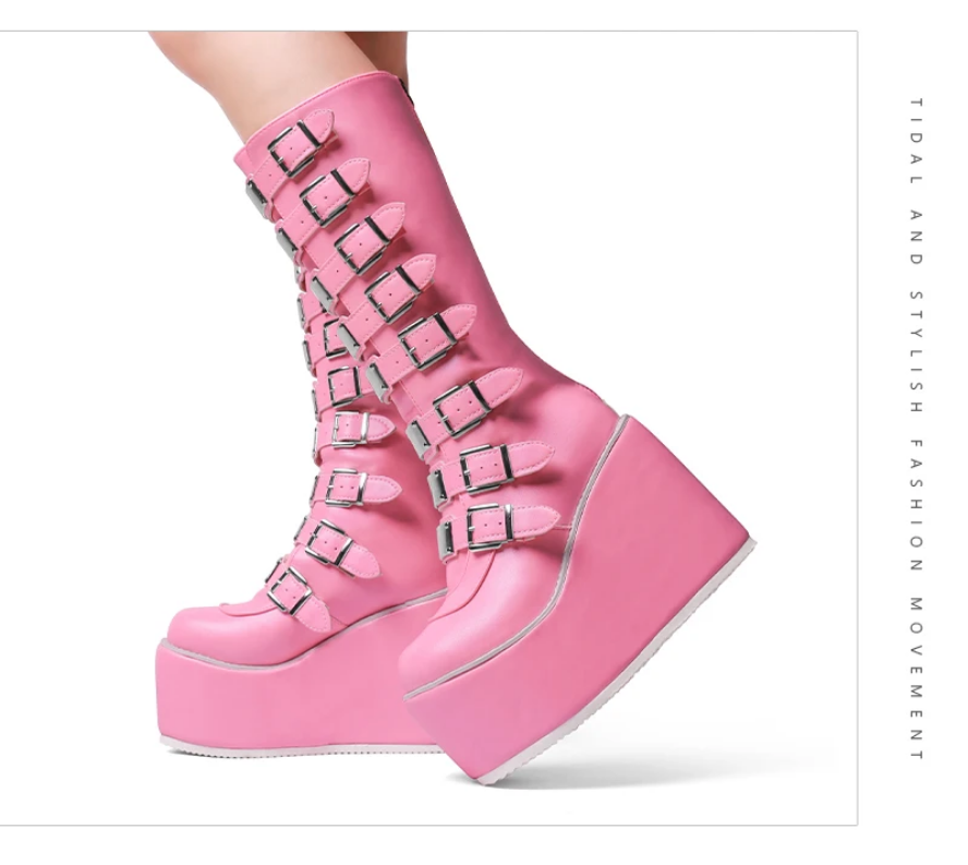 Gothic Punk Buckle Platform Wedge Boots