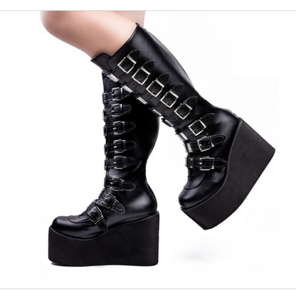 Gothic Punk Buckle Platform Wedge Boots