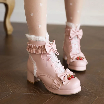 Sweet Strawberry Lolita Ankle Boots with Bow