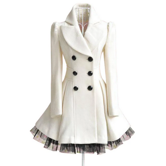 Elegant White Double-Breasted Coat Dress with Tulle Trim
