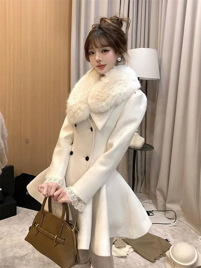 Luxe White Fur Collar Coat  with Lace Details