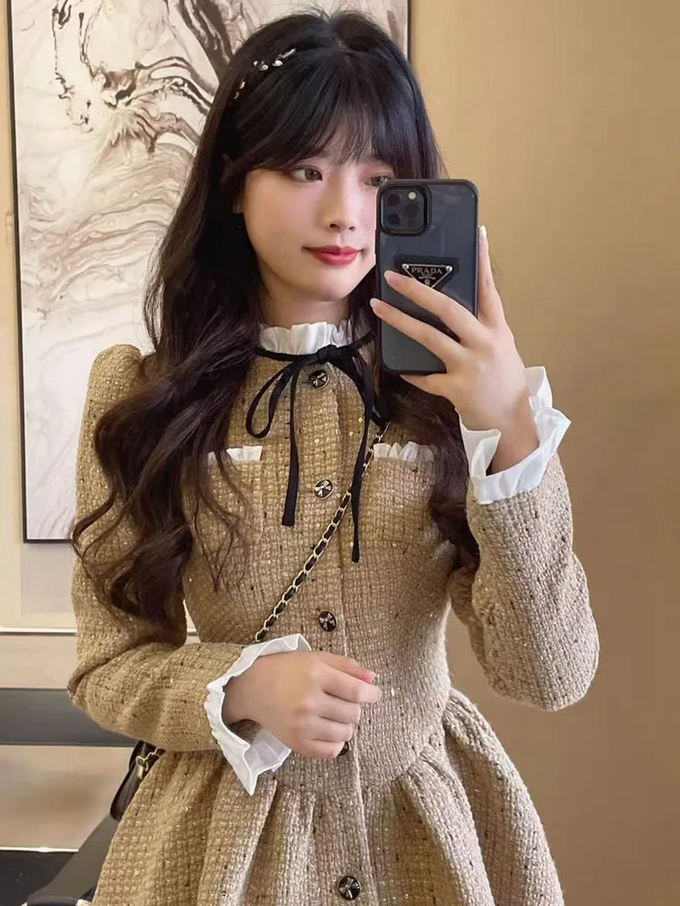 Parisian Tweed Coat with White Collar & Bow Detail