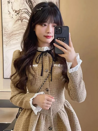 Parisian Tweed Coat with White Collar & Bow Detail