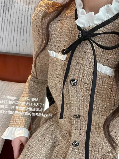 Parisian Tweed Coat with White Collar & Bow Detail