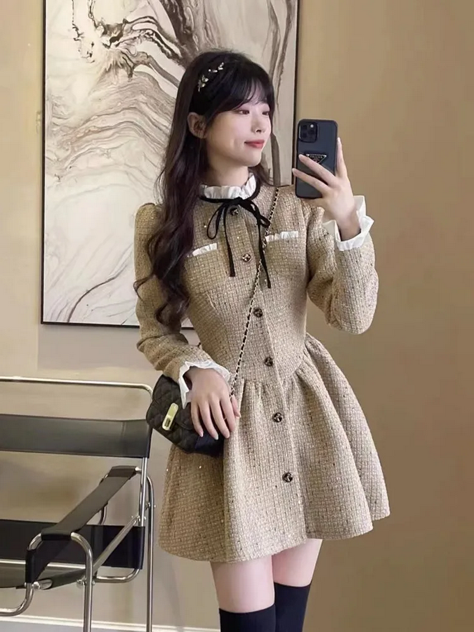 Parisian Tweed Coat with White Collar & Bow Detail