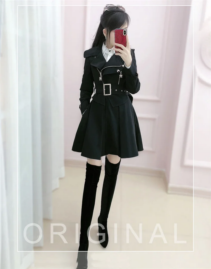 Gothic Belted Trench Coat with Zipper Details
