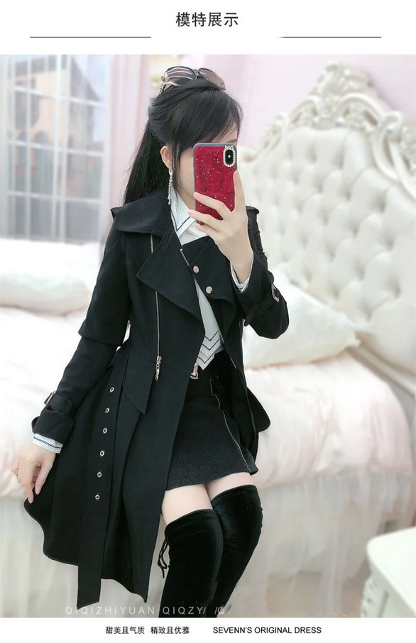 Gothic Belted Trench Coat with Zipper Details