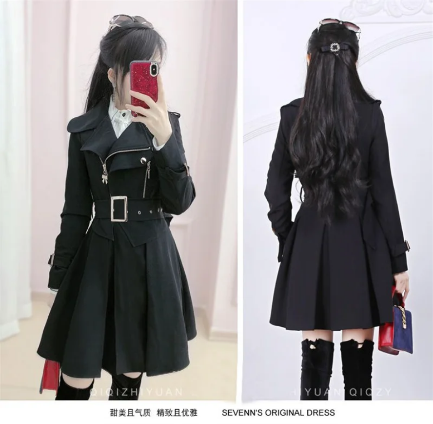 Gothic Belted Trench Coat with Zipper Details