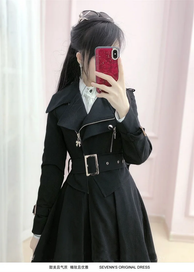 Gothic Belted Trench Coat with Zipper Details