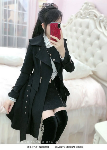 Gothic Belted Trench Coat with Zipper Details