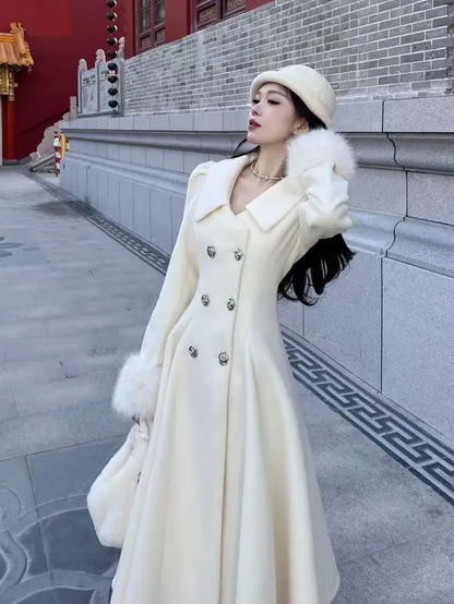 Luxurious White Fur-Trimmed Princess Coat