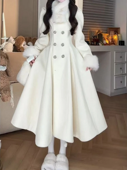 Luxurious White Fur-Trimmed Princess Coat
