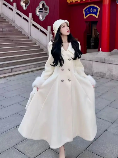 Luxurious White Fur-Trimmed Princess Coat