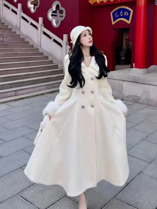 Luxurious White Fur-Trimmed Princess Coat
