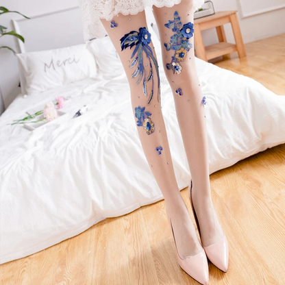 Enchanted Blue Floral Embroidered Tights