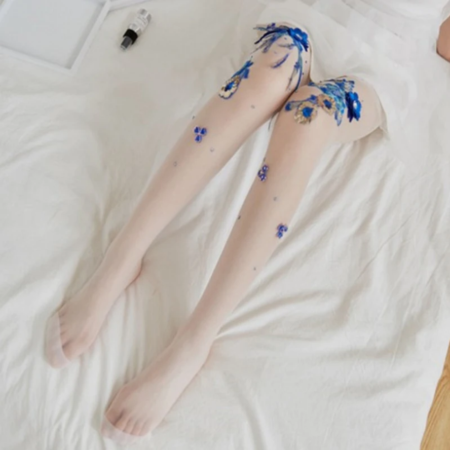Enchanted Blue Floral Embroidered Tights