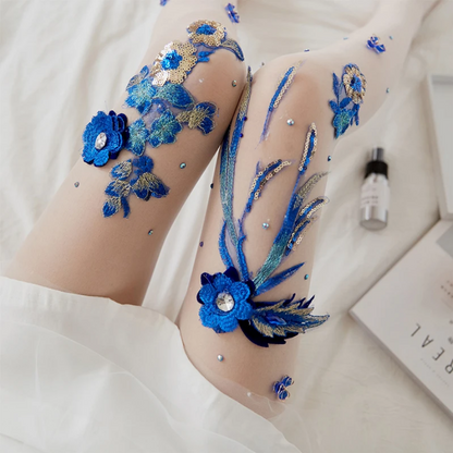 Enchanted Blue Floral Embroidered Tights