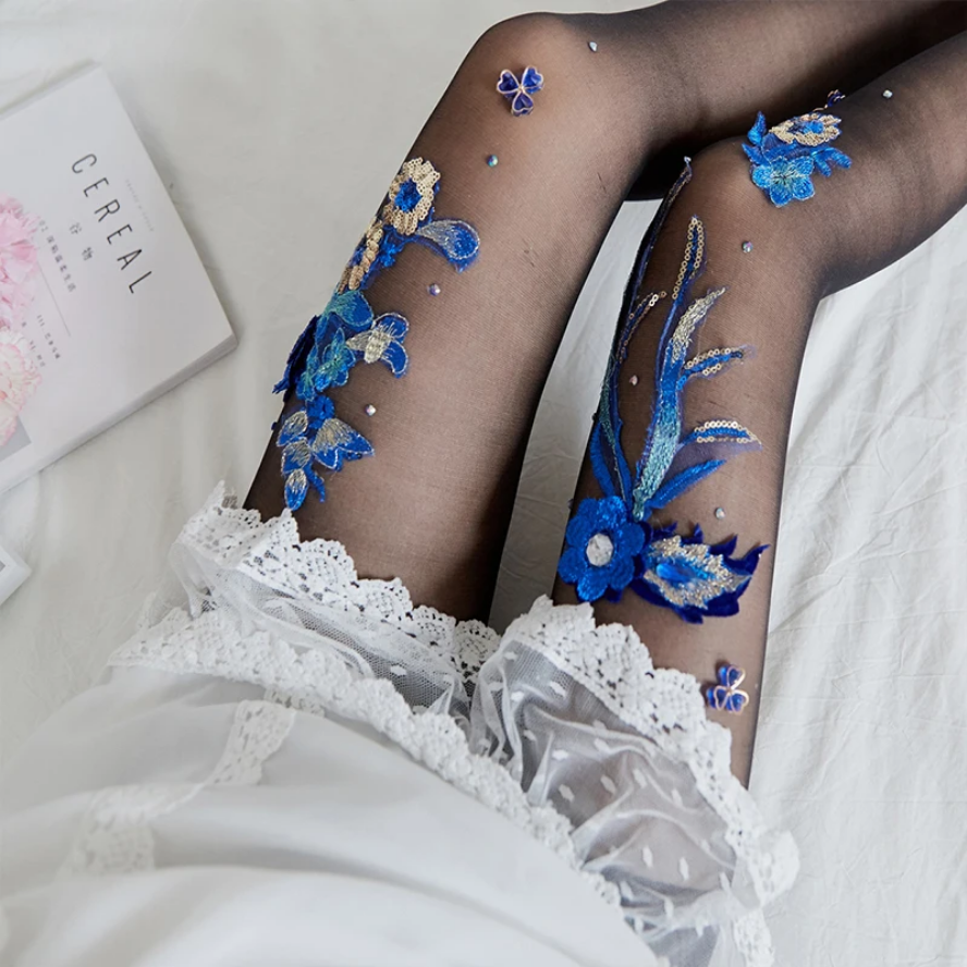 Enchanted Blue Floral Embroidered Tights