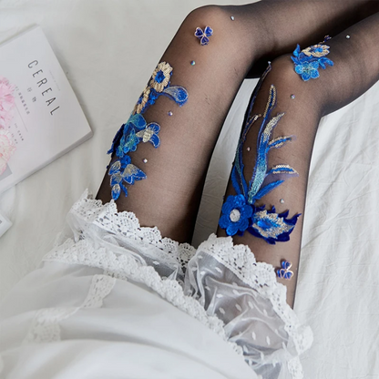 Enchanted Blue Floral Embroidered Tights