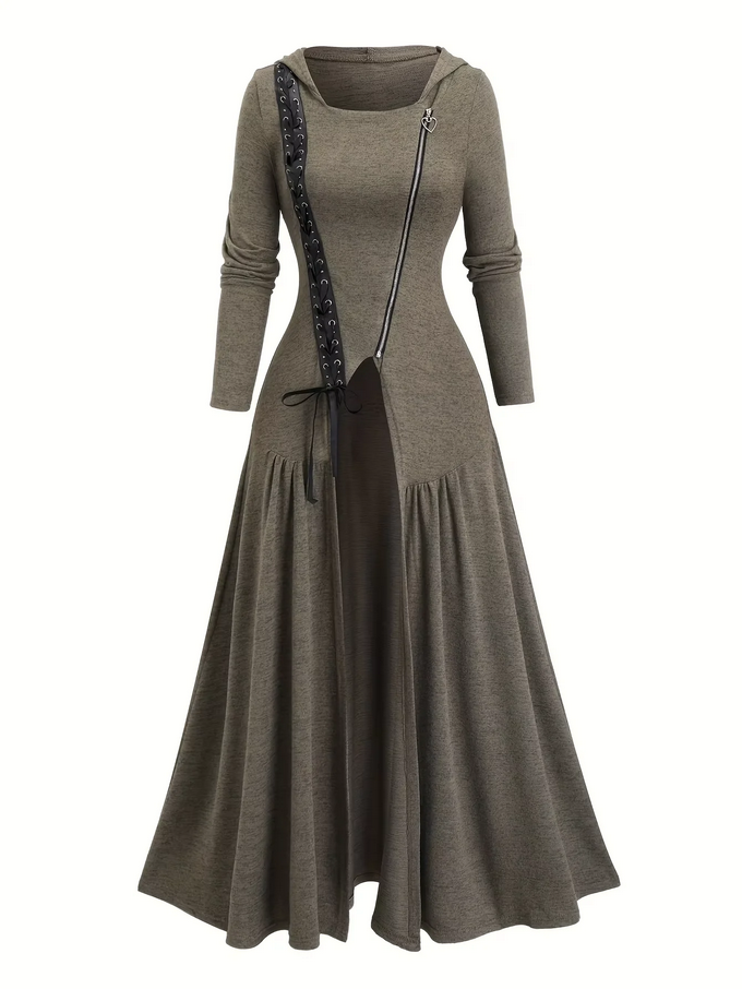 Gothic Hooded Maxi Coat with Studded Zipper Detail