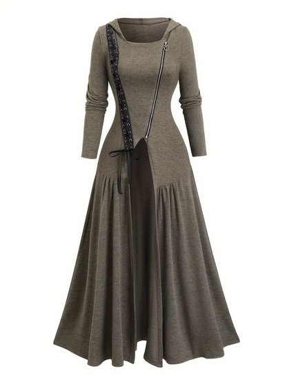 Gothic Hooded Maxi Coat with Studded Zipper Detail