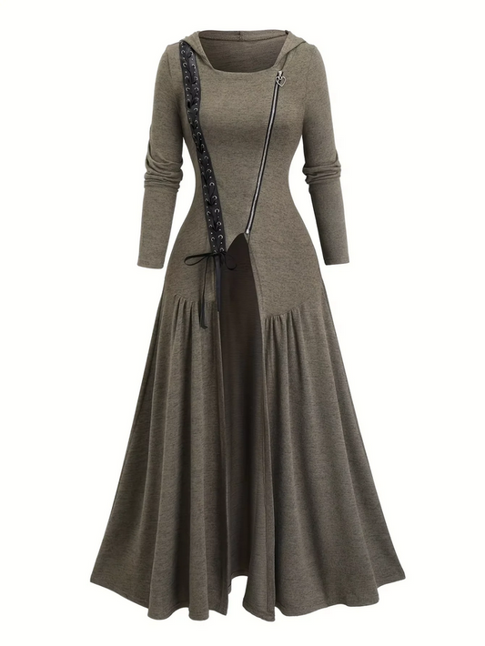 Gothic Hooded Maxi Coat with Studded Zipper Detail