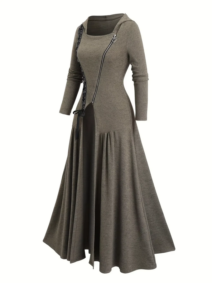 Gothic Hooded Maxi Coat with Studded Zipper Detail