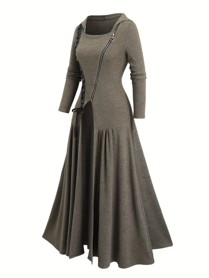 Gothic Hooded Maxi Coat with Studded Zipper Detail