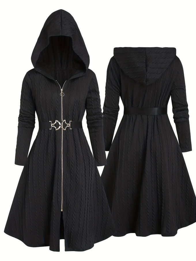 Witchy Black Hooded Coat with Moon Belt