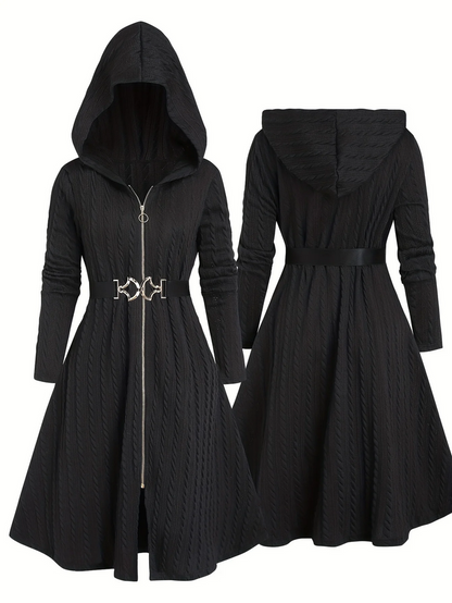 Witchy Black Hooded Coat with Moon Belt