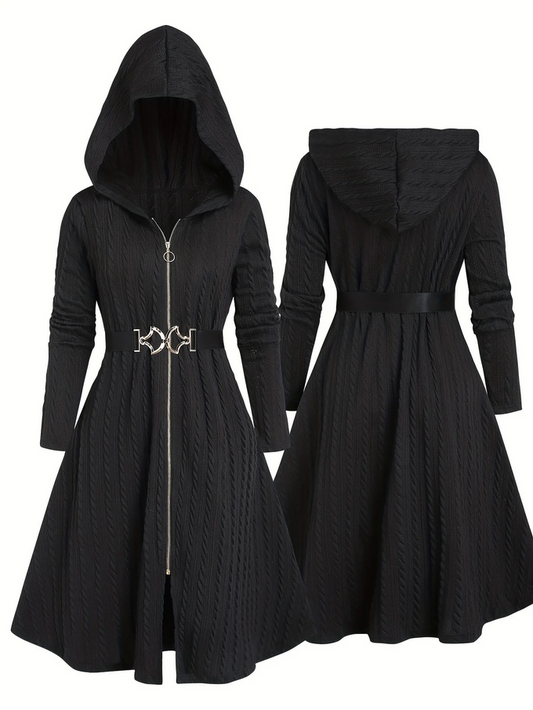 Witchy Black Hooded Coat with Moon Belt