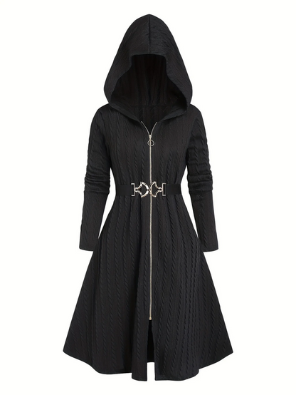 Witchy Black Hooded Coat with Moon Belt