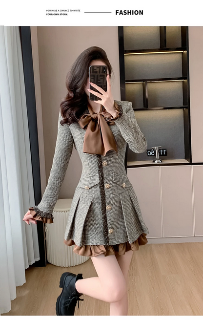 Sophisticated Tweed Dress with Satin Bow Collar