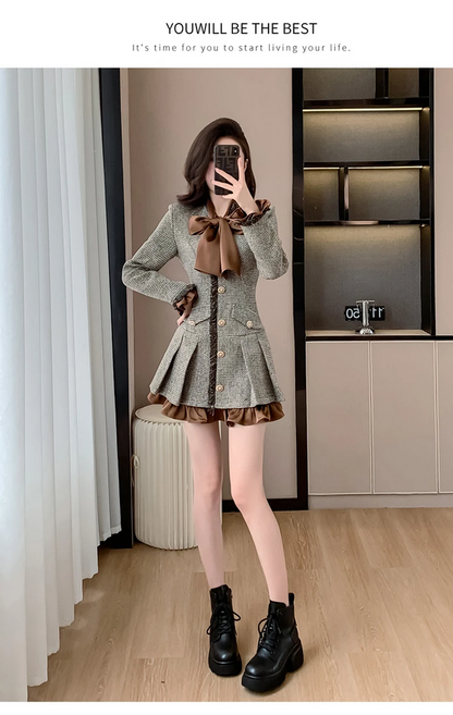 Sophisticated Tweed Dress with Satin Bow Collar