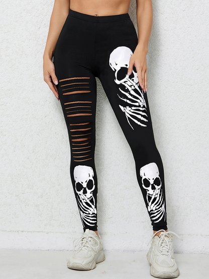 Edgy Skeleton Print Leggings with Ripped Details