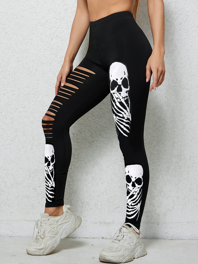 Edgy Skeleton Print Leggings with Ripped Details