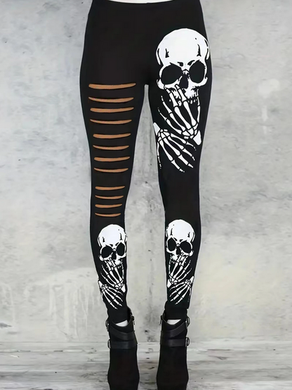 Edgy Skeleton Print Leggings with Ripped Details