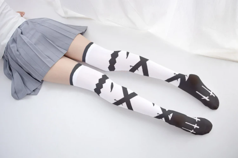 Gothic Cross Print Knee-High Socks with Bow