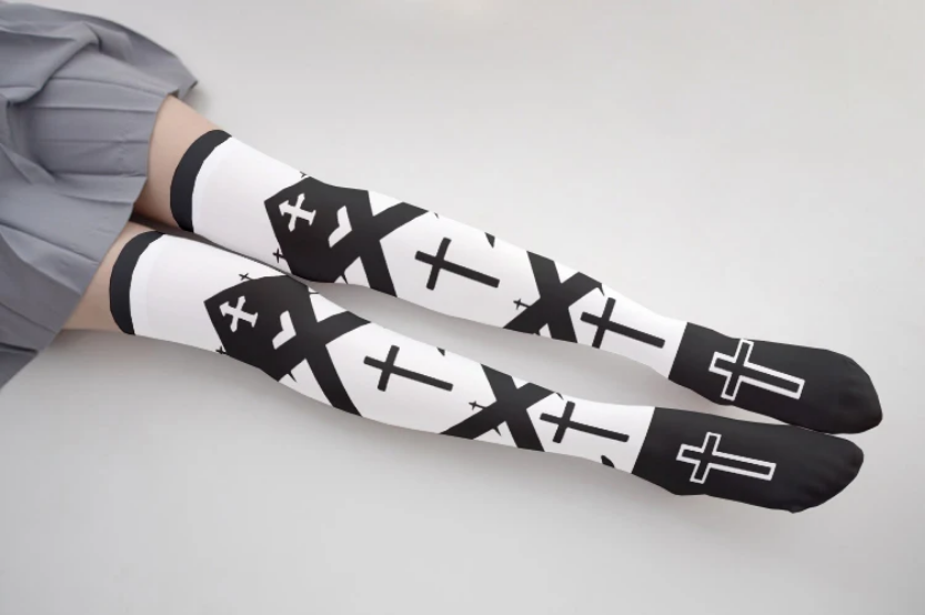 Gothic Cross Print Knee-High Socks with Bow