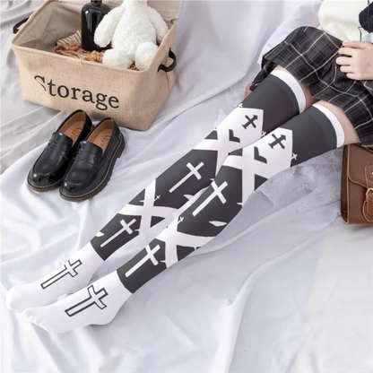 Gothic Cross Print Knee-High Socks with Bow