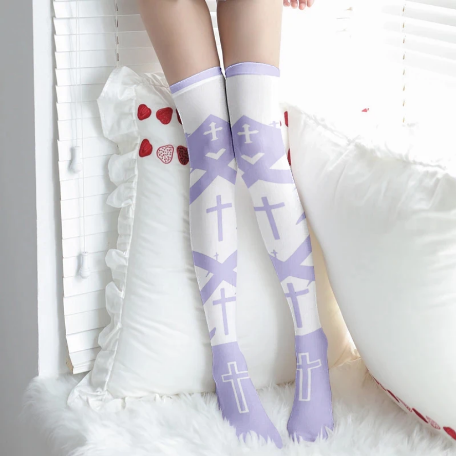 Gothic Cross Print Knee-High Socks with Bow