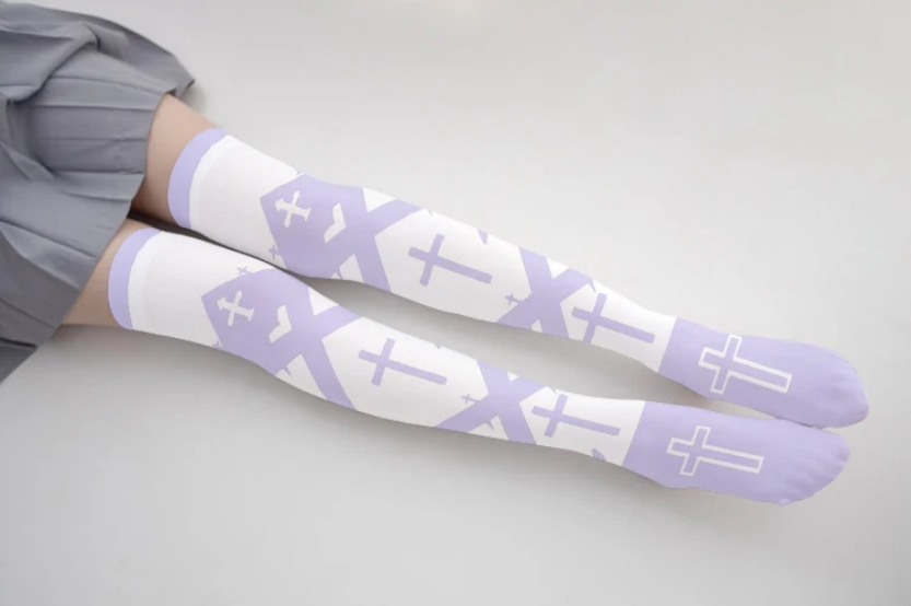 Gothic Cross Print Knee-High Socks with Bow
