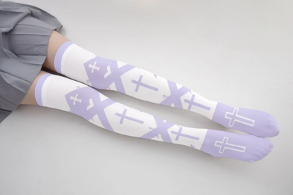Gothic Cross Print Knee-High Socks with Bow